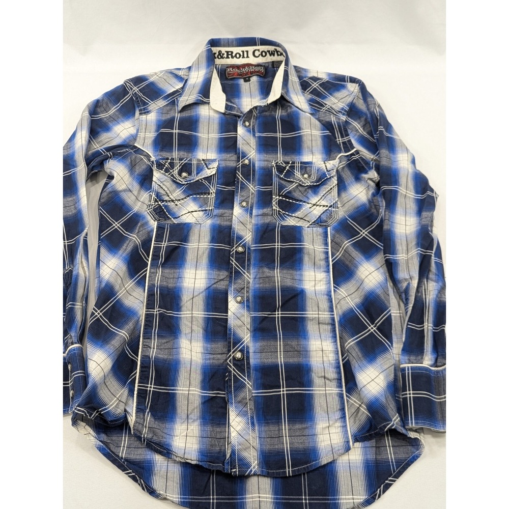 Rock & Roll Cowboy Shirt Mens Small Blue‎ Black Plaid Western Pearl Snap L/S